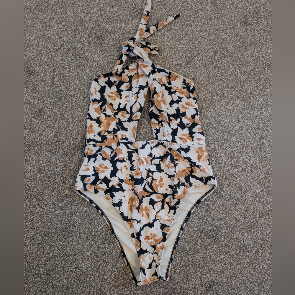 Abercrombie & Fitch Floral Halter One-Piece Swimsuit in Black, Cream & Tan